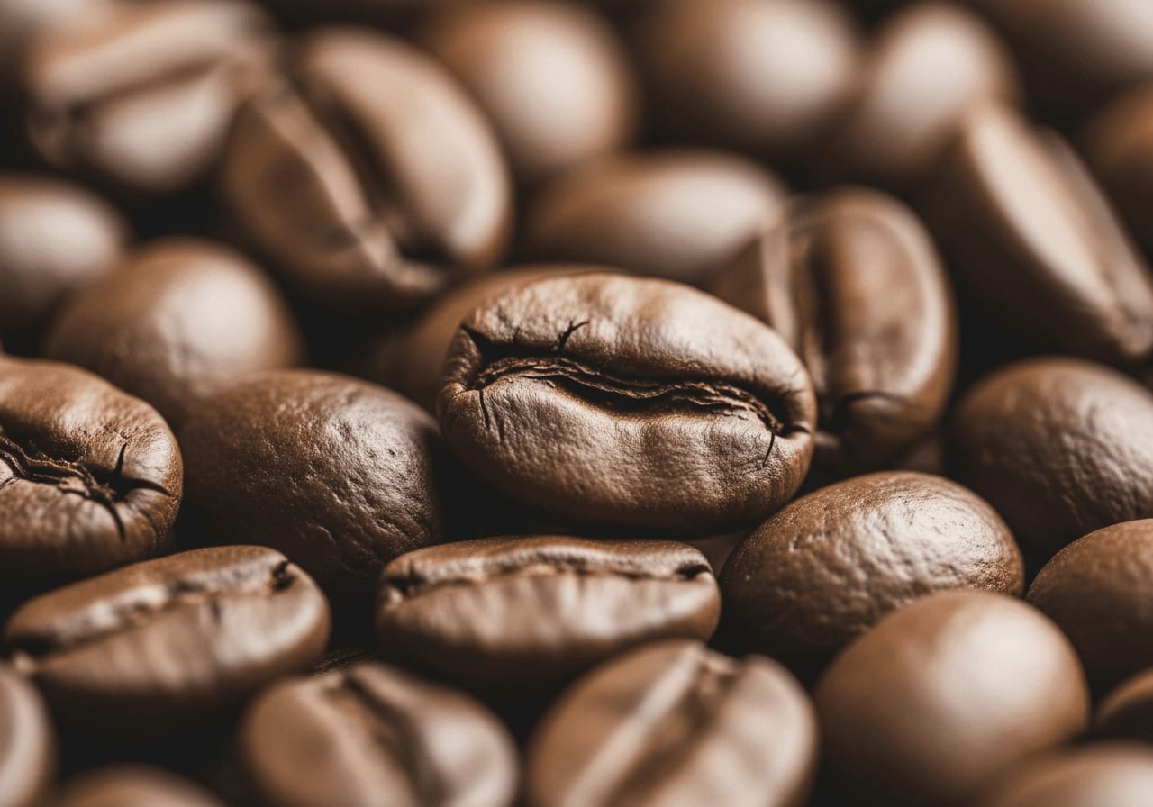 Close-up of Robusta coffee beans, showing their rounder shape and more textured surface, macro shot.
