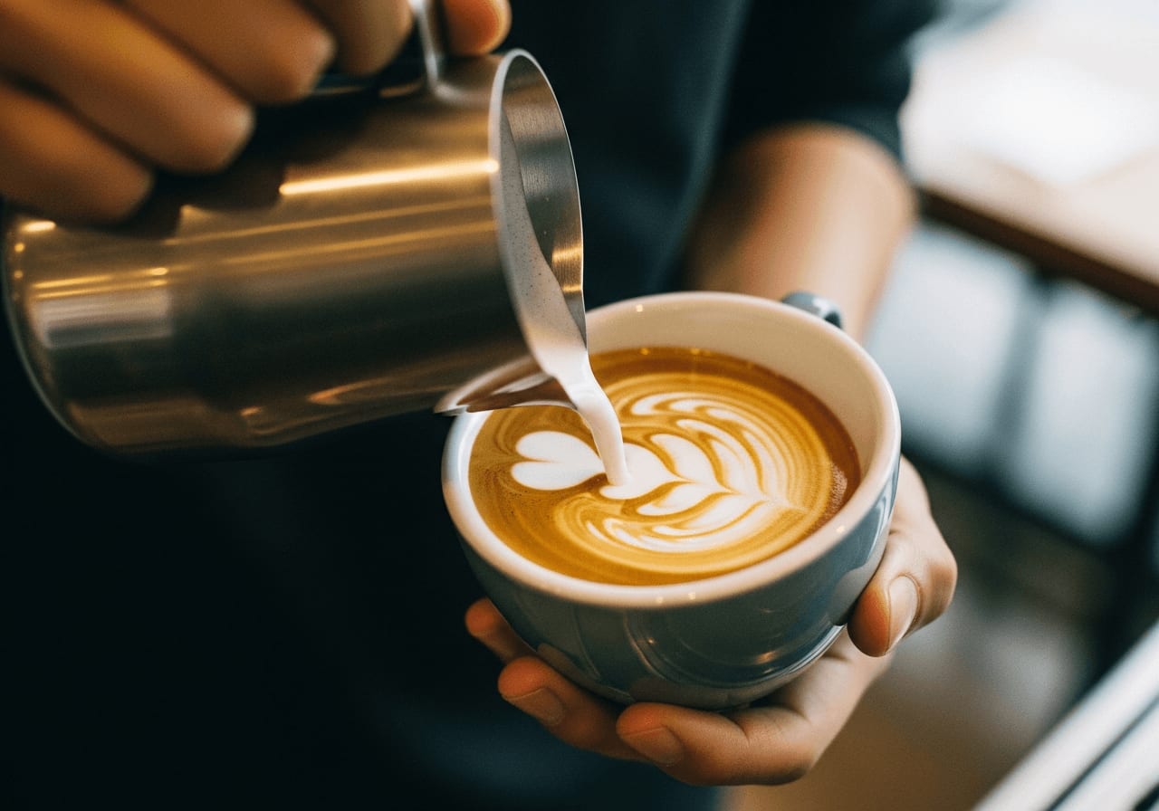 Barista pouring steamed milk into an espresso cup, creating a delicate latte art pattern