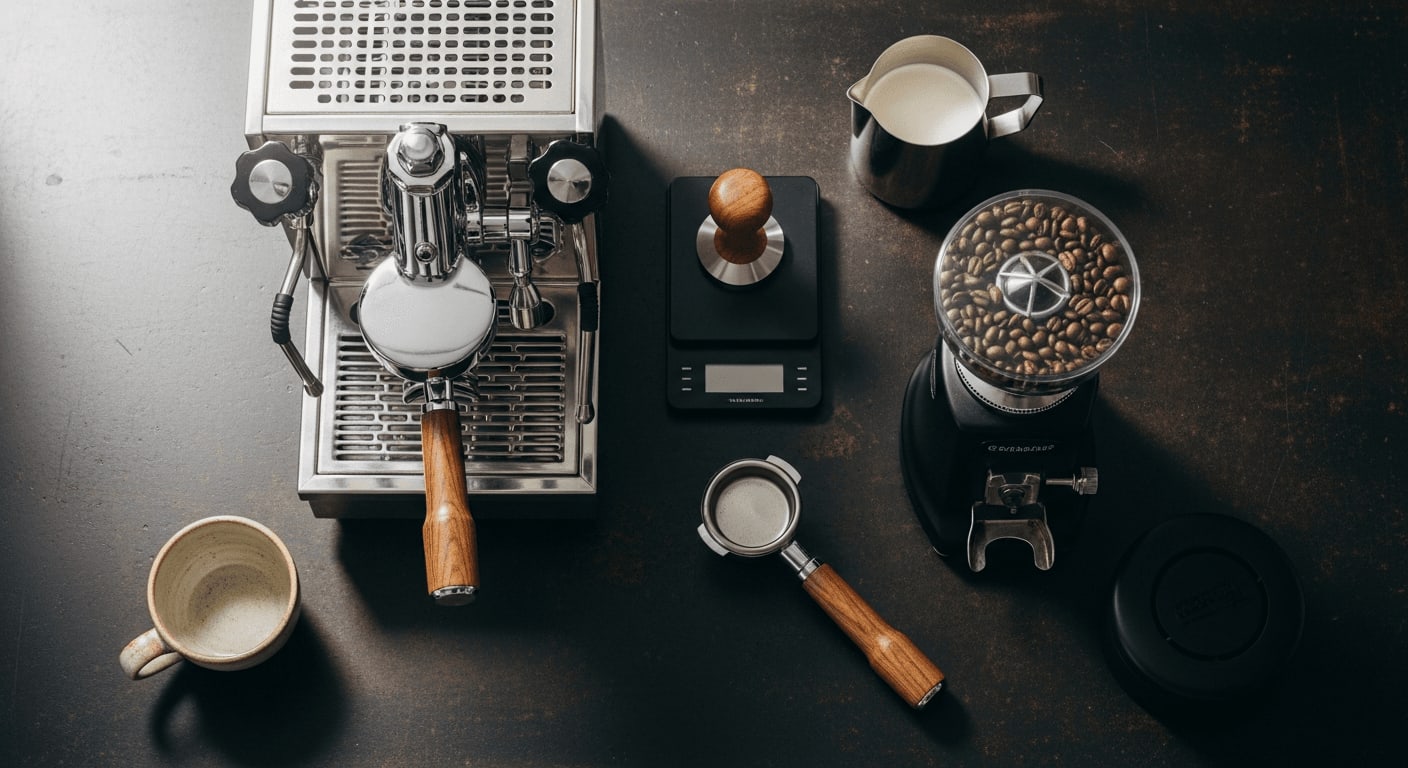 Barista-Werkzeuge auf dunkler Oberfläche, Draufsicht, Ästhetik