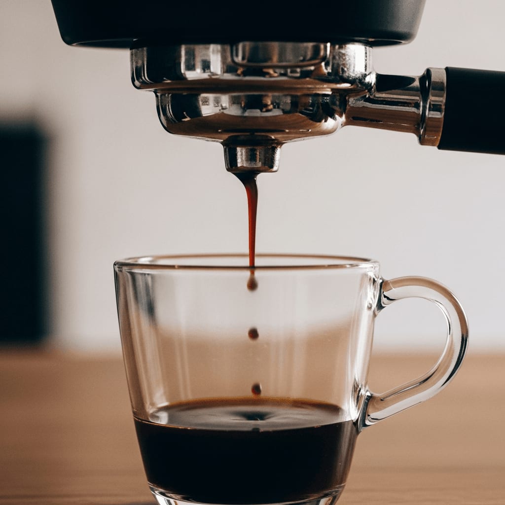 Barista-Vokabular Body: Zähflüssiger, kräftiger Espresso tropft aus einem bodenlosen Siebträger in ein kleines Glas.