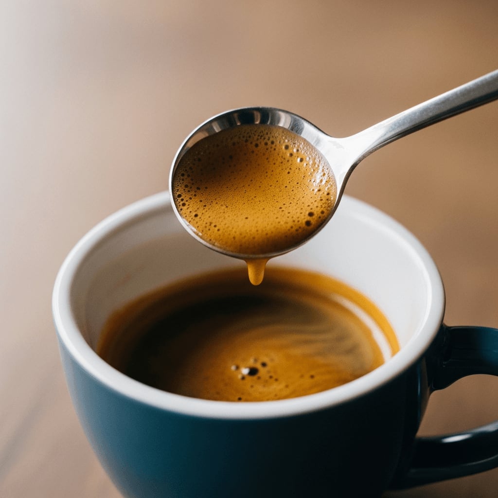 Kaffee-Texturen verstehen: Ein Verkostungslöffel hebt die dichte Crema eines vollmundigen Espressos leicht an.