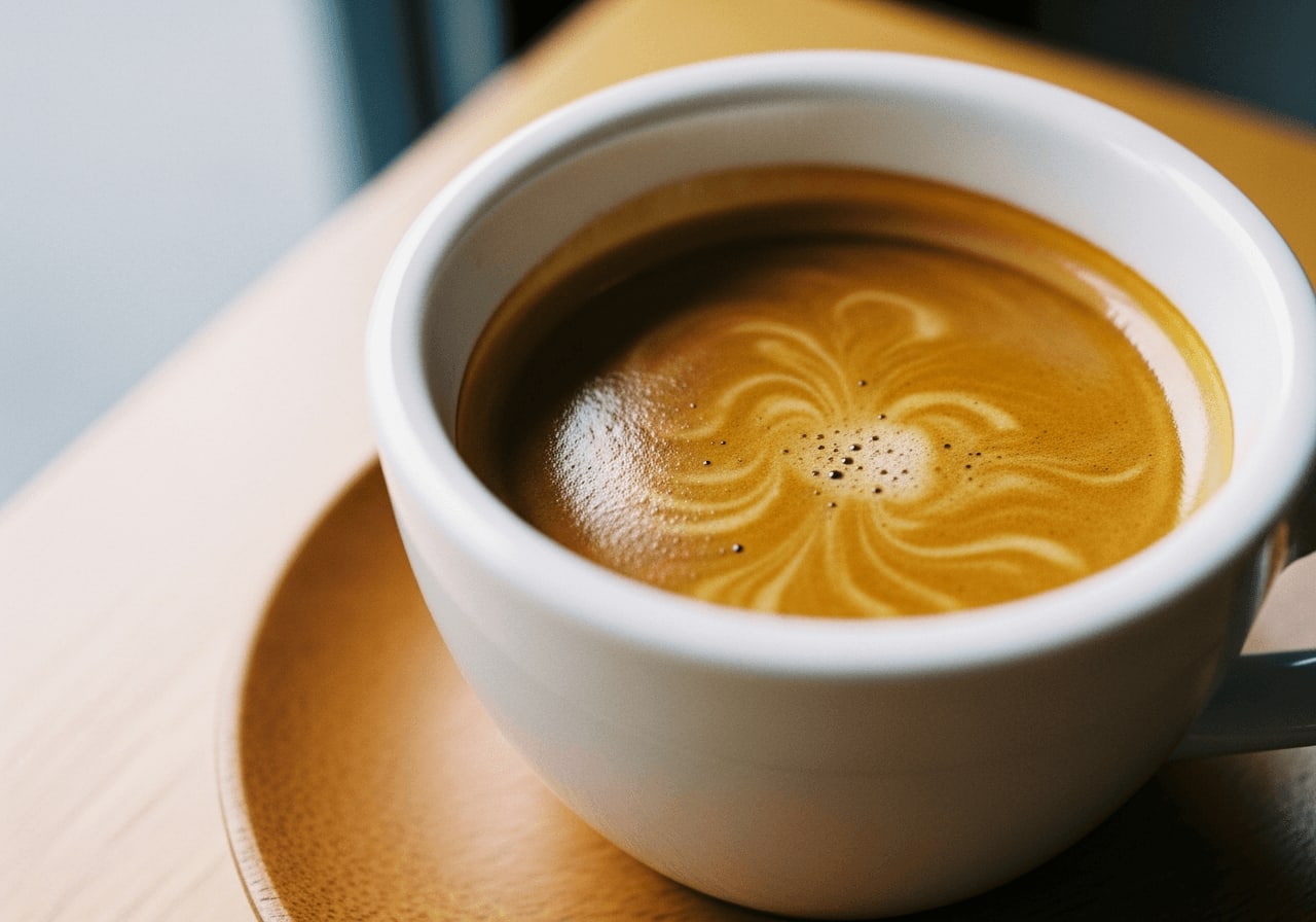 Bedeutung der Crema im Barista-Vokabular: Nahaufnahme eines perfekten Espressos mit goldbrauner, feinporiger Oberfläche.