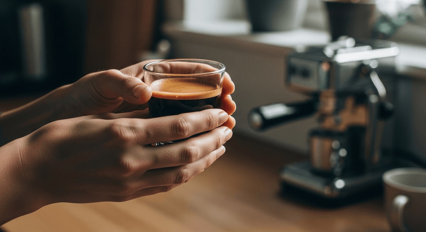 Barista-Vokabular für Zuhause: Eine Person riecht an frischem Espresso in der Küche neben einer Kaffeemaschine.