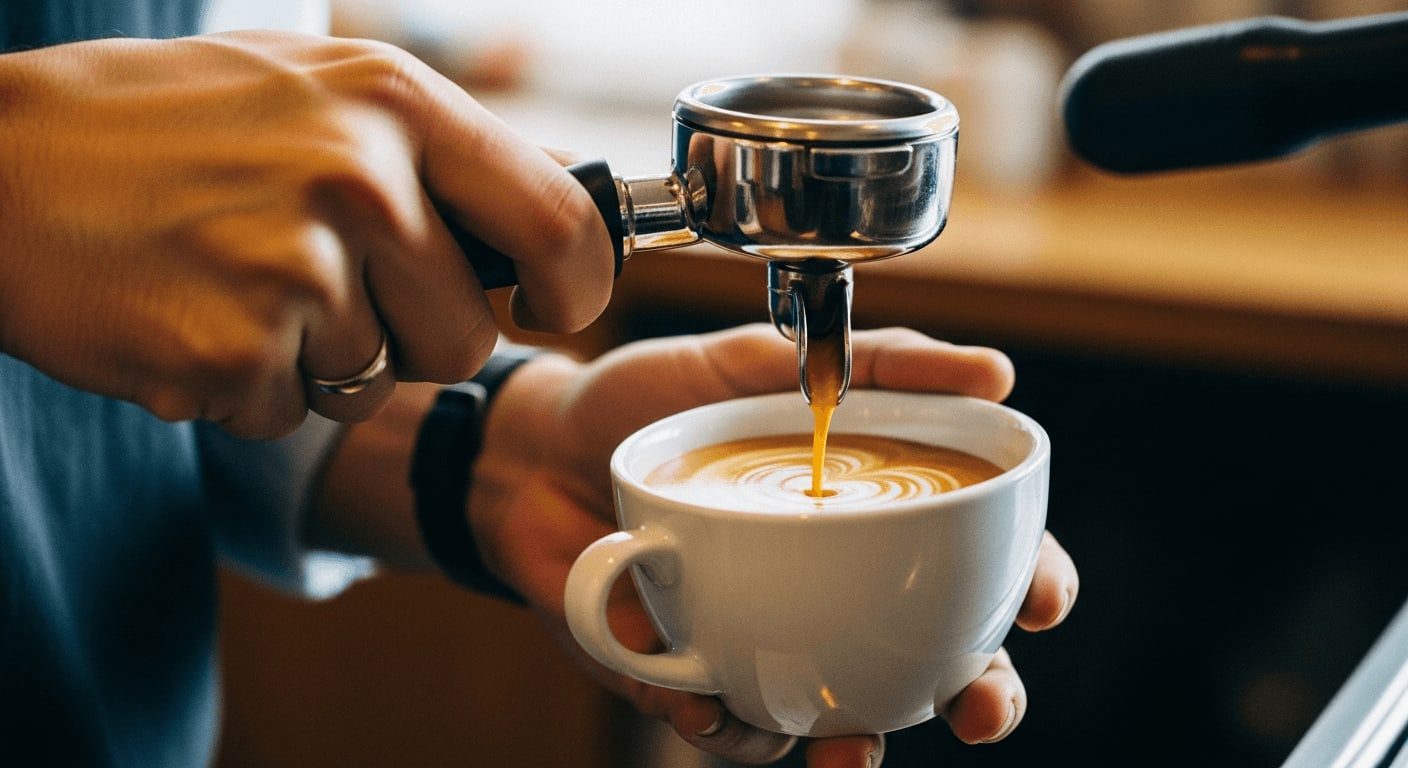 Barista-Vokabular in der Praxis: Ein Barista brüht frischen Espresso mit goldbrauner Crema in einem gemütlichen Café.