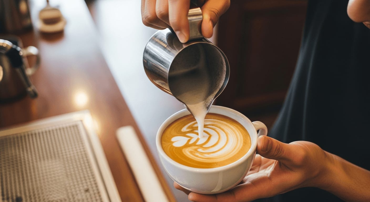 Draufsicht eines Barista, der gekonnt Latte Art in einen Cappuccino gießt, Fokus auf das filigrane Design, warmes Café-Ambiente