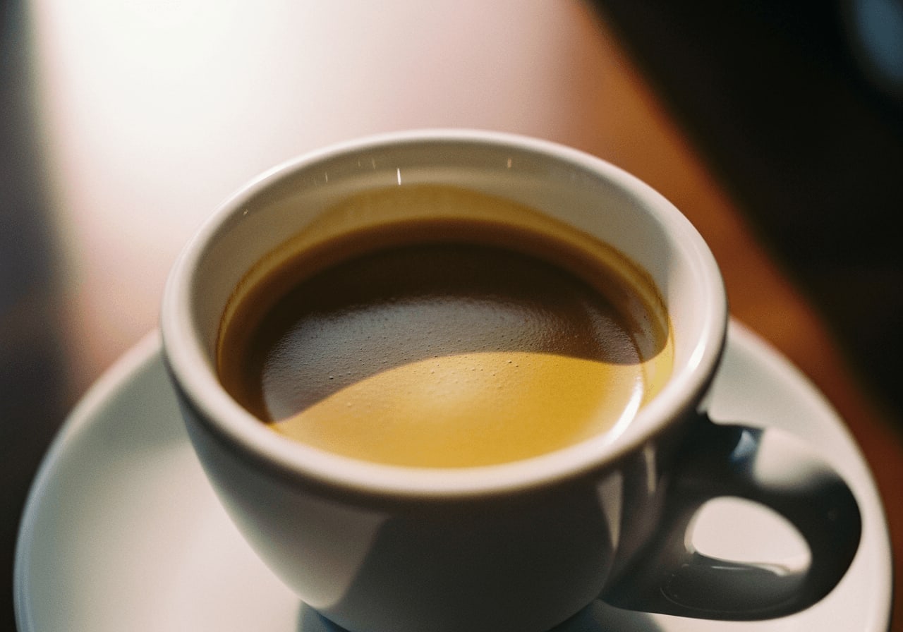 Espresso mit sehr blasser Crema, die auf Unterextraktion hinweist, hellbraune Farbe