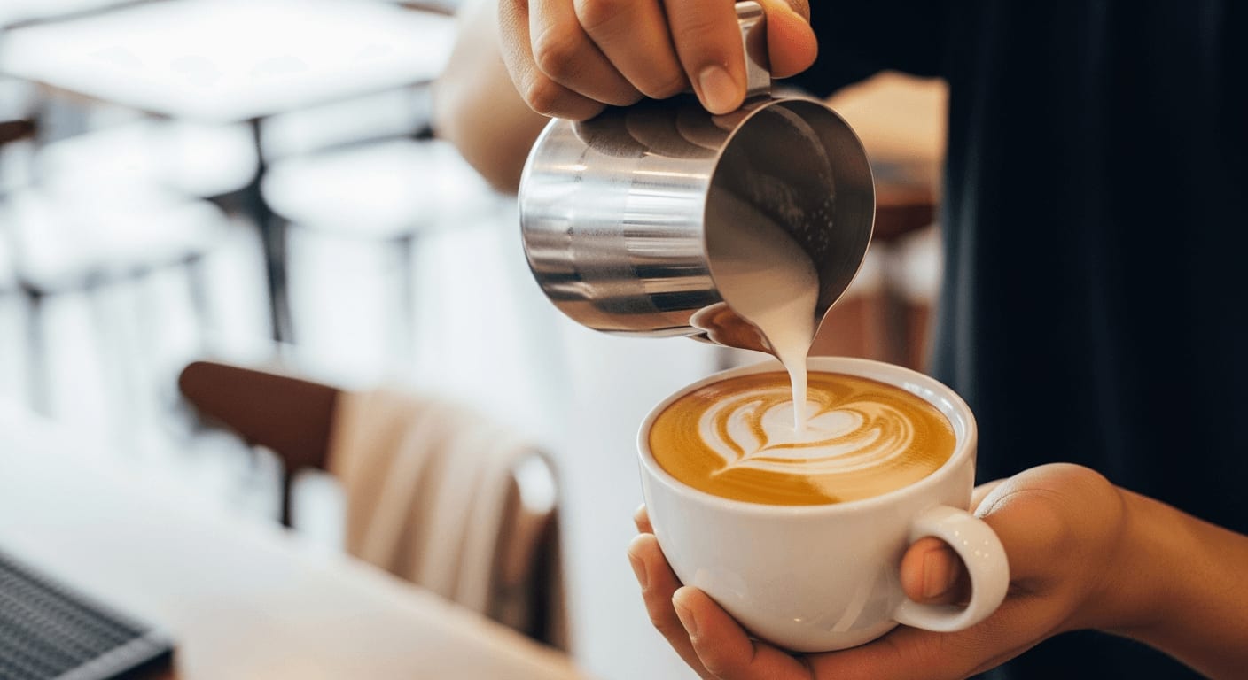 Ein Barista gießt gekonnt Latte Art in einen Cappuccino und kreiert eine filigrane Herzform, warme Café-Atmosphäre, sanfte Beleuchtung