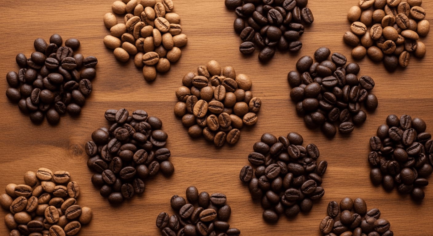 Verschiedene Sorten Espressobohnen, angeordnet in kleinen Haufen, rustikaler Holzhintergrund, natürliches Licht