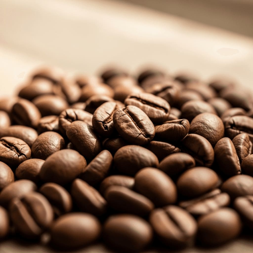 Nahaufnahme von mittel gerösteten Espressobohnen mit glatter, matter Oberfläche, warmes Licht