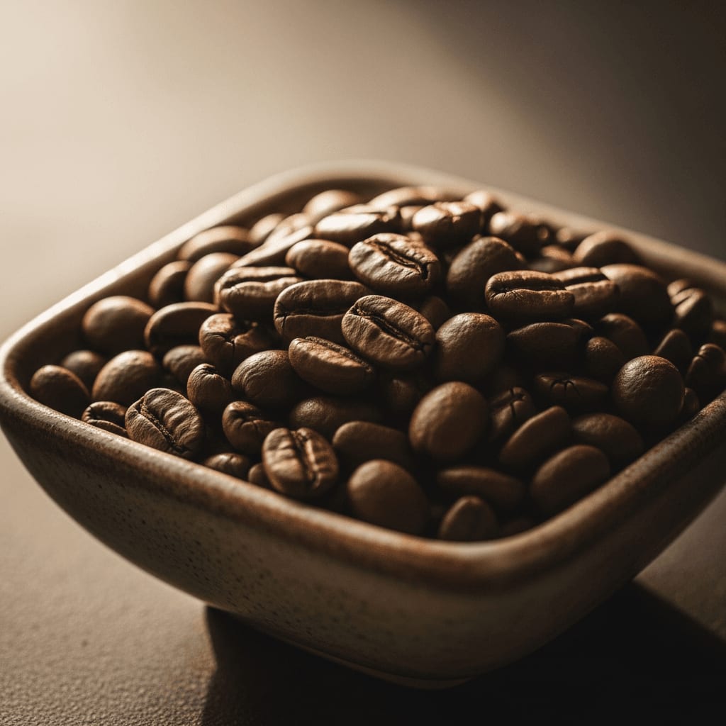 Haufen Arabica-Espressobohnen mit leicht öligem Glanz in einer kleinen Schüssel, leichter Fokus