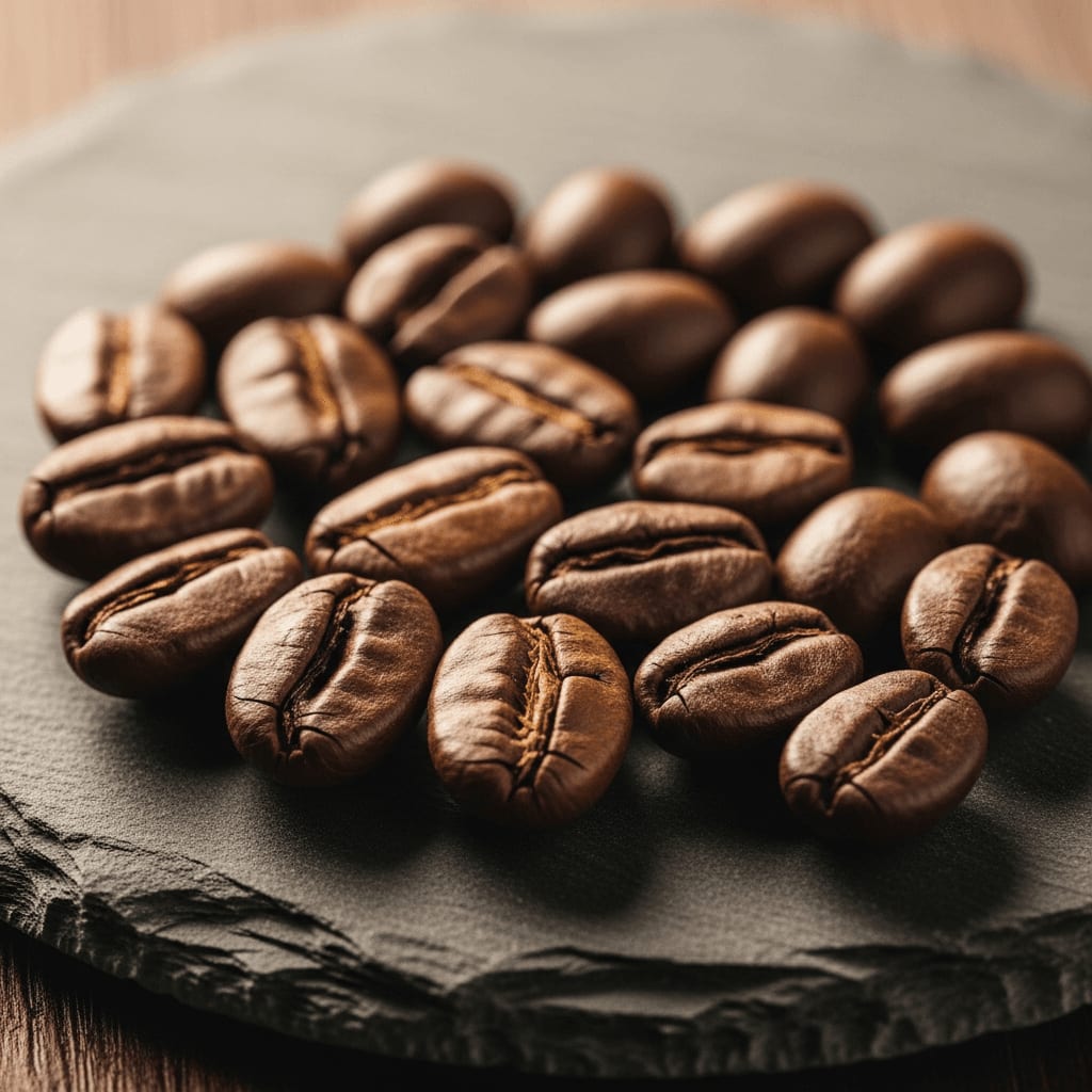 Auswahl verschiedener Espressobohnen, die sich in Farbe und Größe unterscheiden, angeordnet auf einer Schieferoberfläche, natürliches Licht