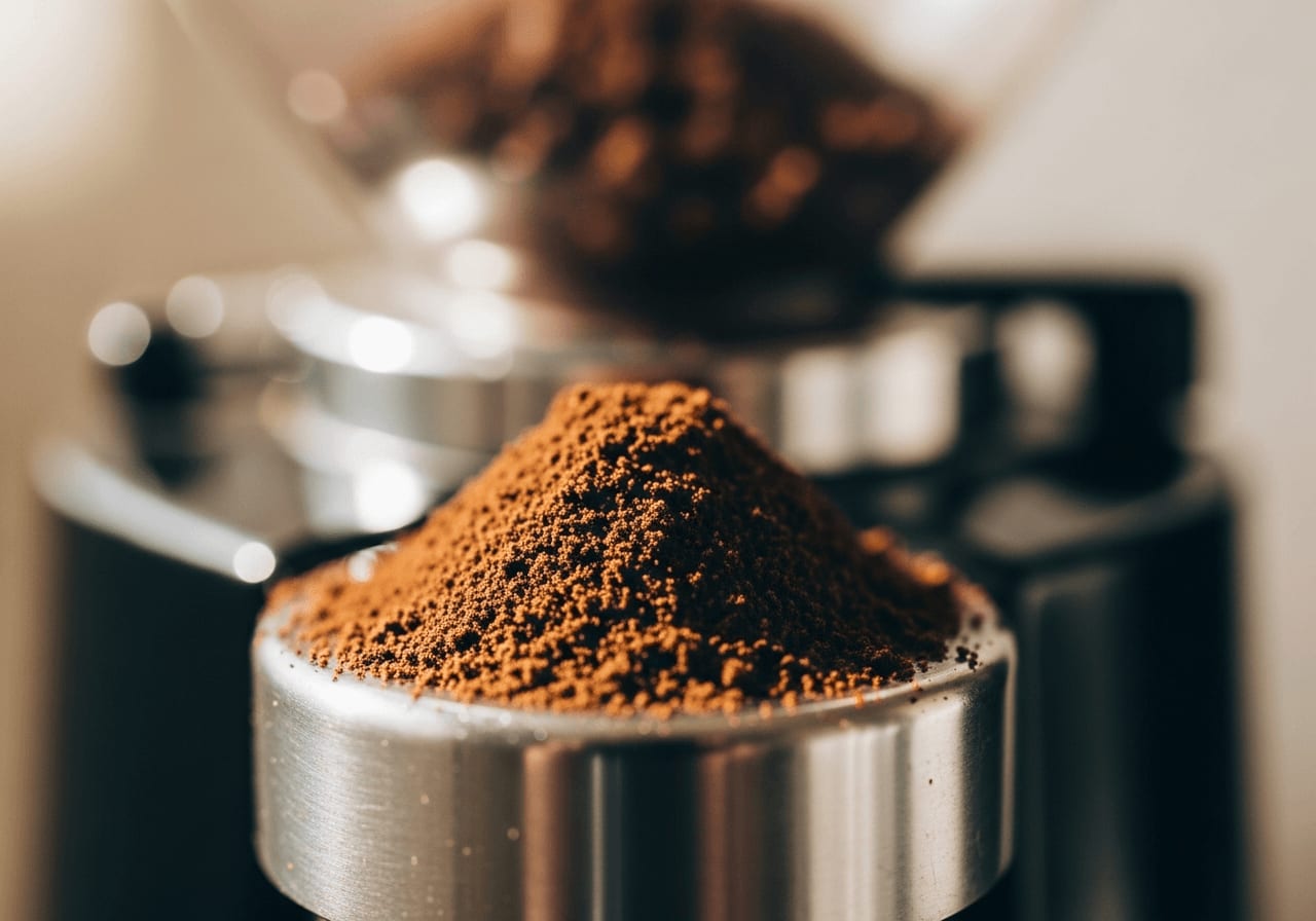 Nahaufnahme einer Kaffeemühle, die Espressobohnen mahlt, Fokus auf das gemahlene Kaffeepulver, weiches Licht
