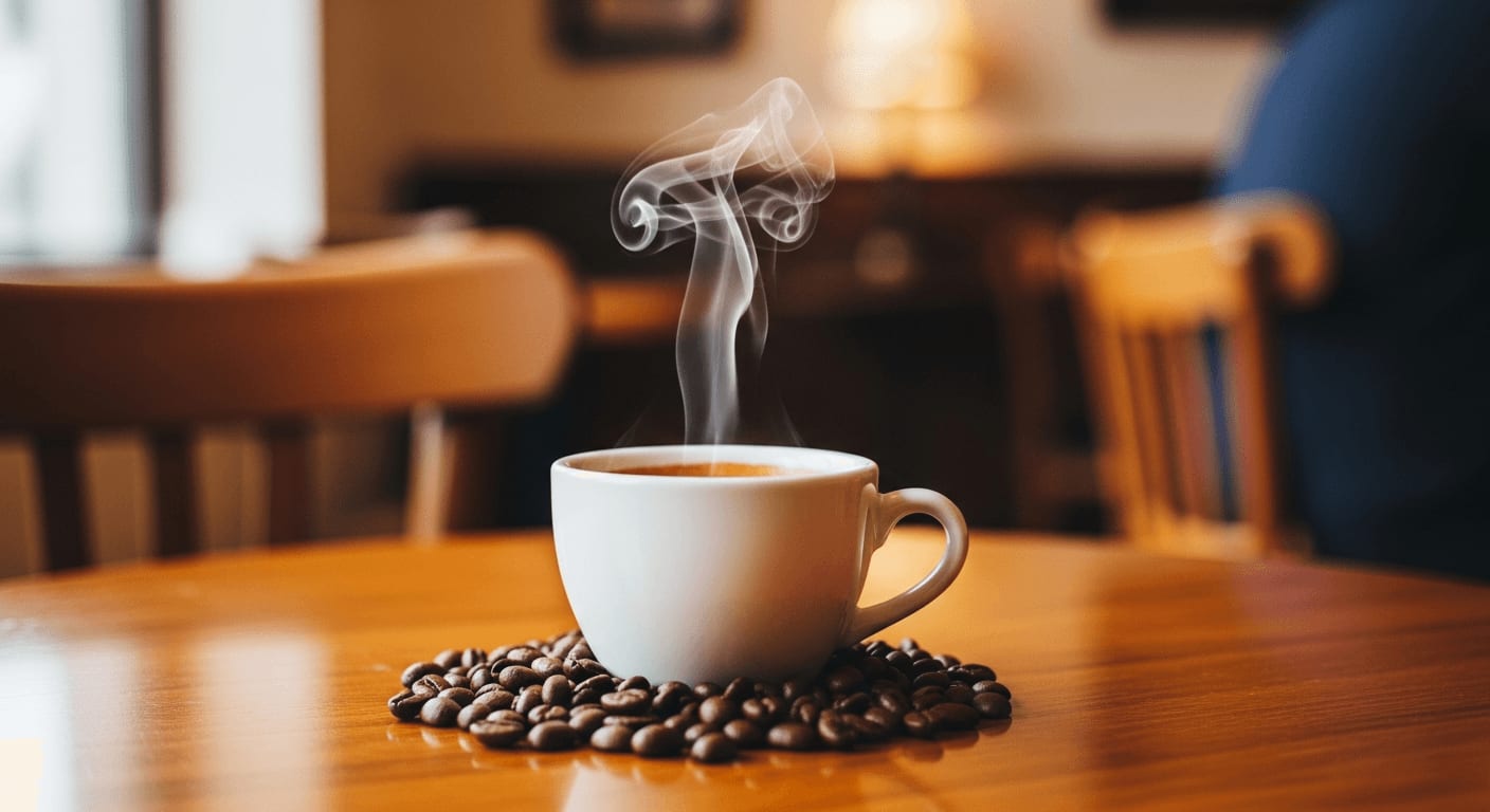 Dampfende Tasse Espresso auf einem Holztisch, umgeben von verstreuten Kaffeebohnen, warme und einladende Café-Atmosphäre