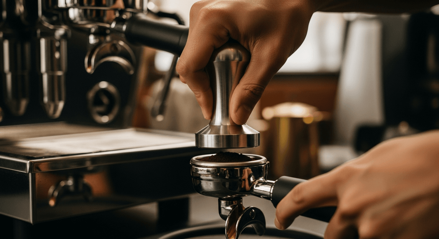 A person's hand tamping coffee grounds into a portafilter, with a stainless steel espresso machine in the background, dimly lit coffee shop ambiance, warm tones