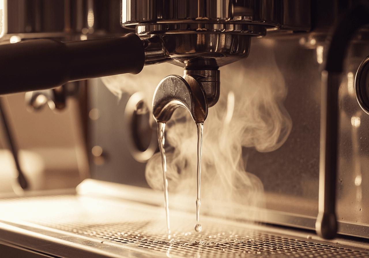 Close-up of a Thermoblock espresso machine's group head, with hot water dispensing, steam rising, shallow depth of field, professional product shot
