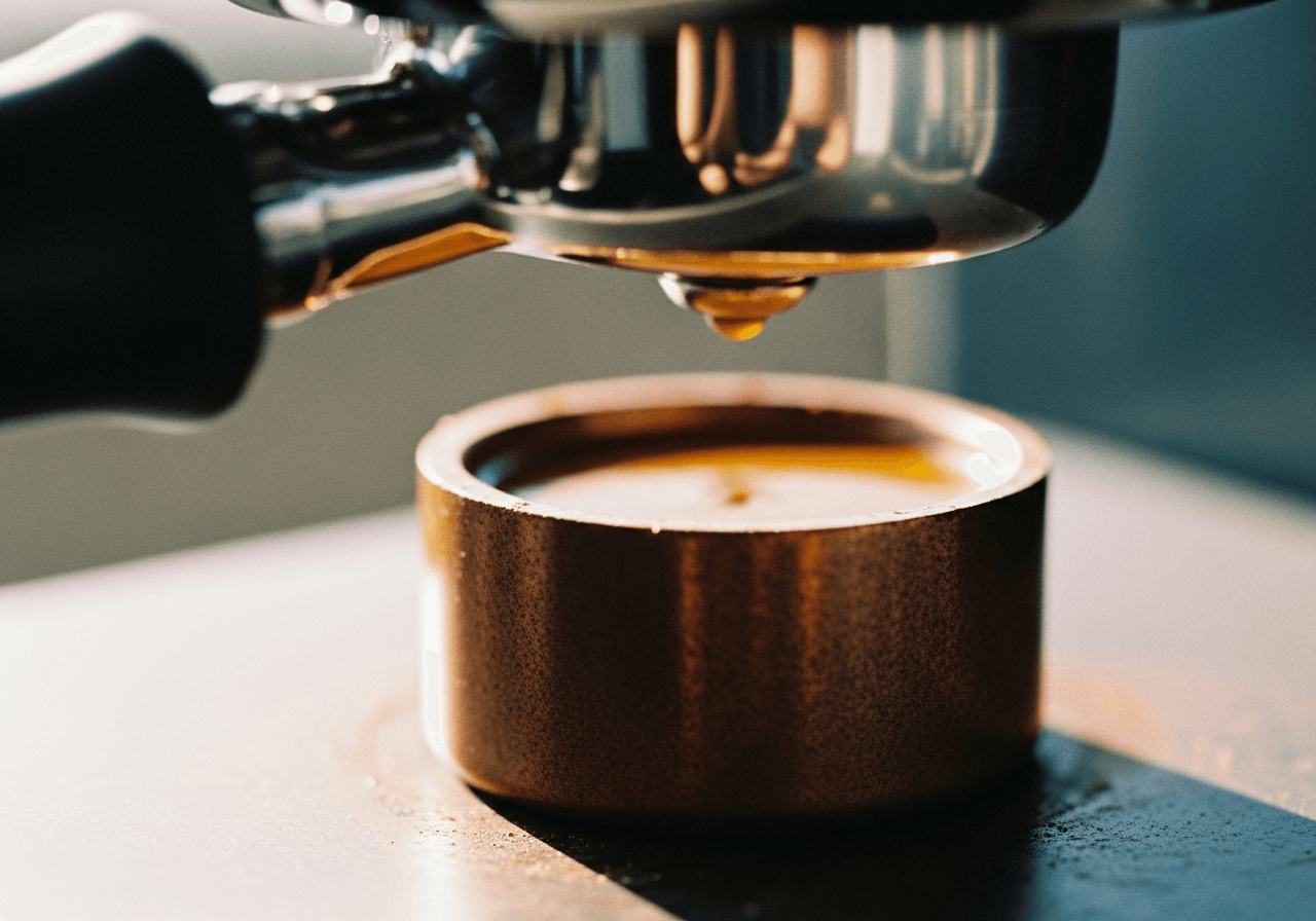 Close-up of espresso puck after extraction, showing even saturation and no channeling, good extraction example, shallow depth of field