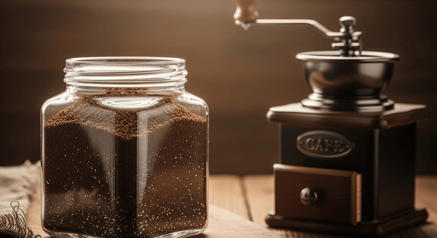 Frisch gemahlene Kaffeebohnen in einem Glas, mit einer manuellen Kaffeemühle im Hintergrund, warmes Licht, rustikale Umgebung