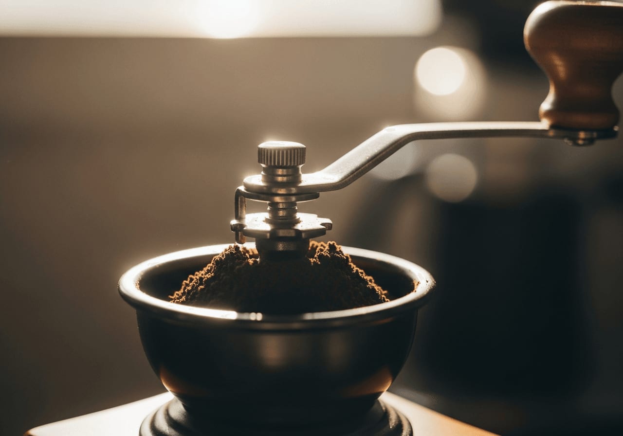Nahaufnahme einer Handkaffeemühle mit frisch gemahlenem Kaffee, selektiver Fokus, warmes Gegenlicht