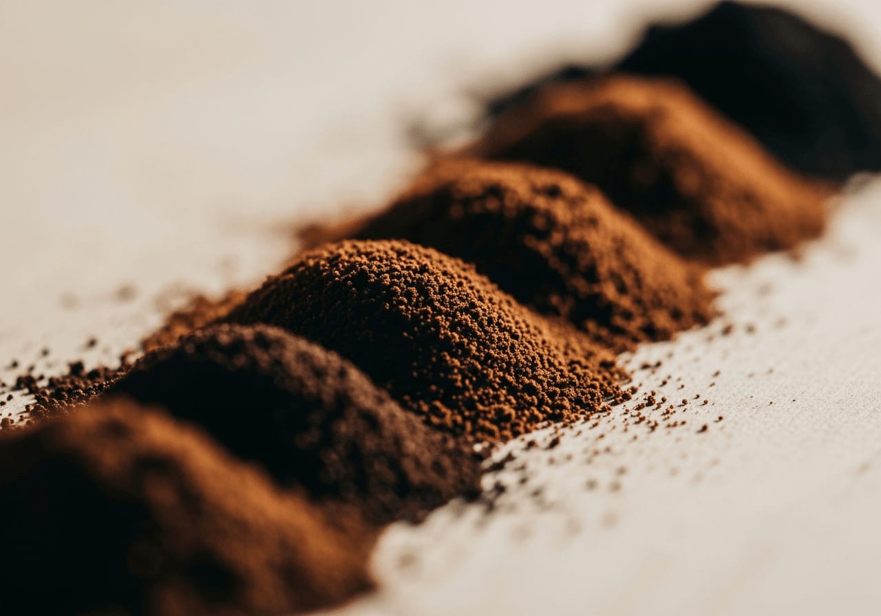 Nahaufnahme verschiedener Kaffeemahlgrade, von grob bis fein, in einer Reihe angeordnet, Makroobjektiv