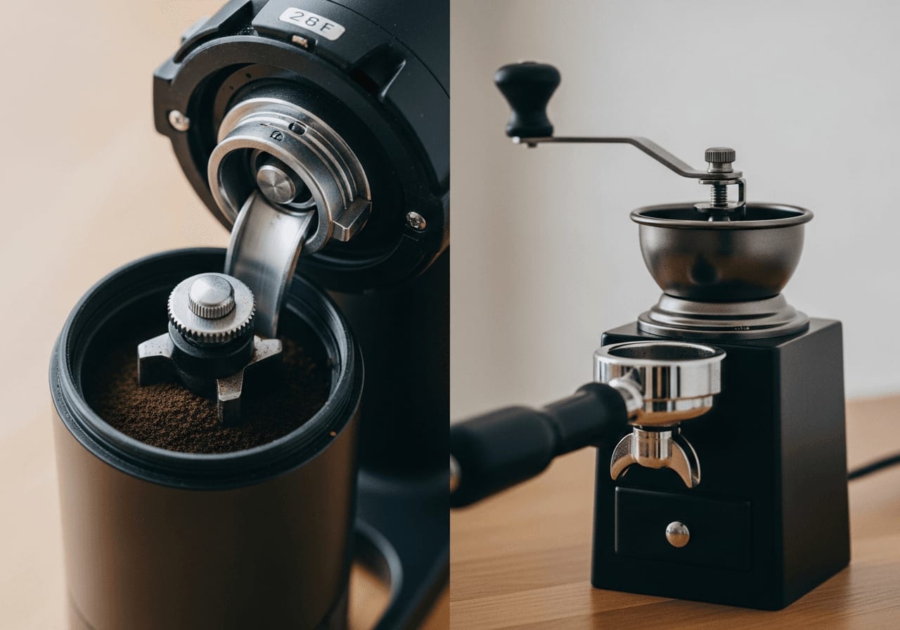 A split-screen image showing an electric burr grinder on the left and a manual burr grinder on the right, both in operation.