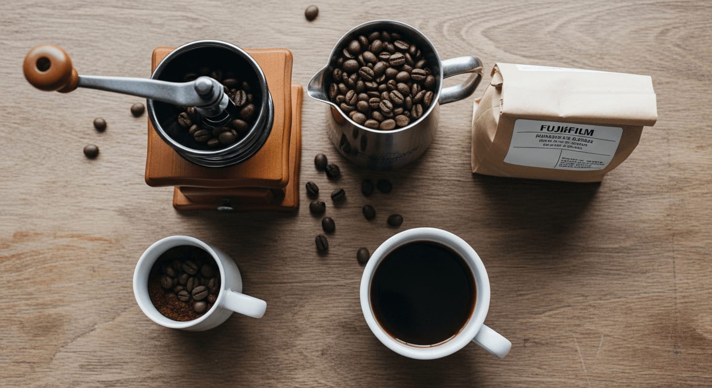 Kaffeezubereitungswerkzeuge auf Holztisch.