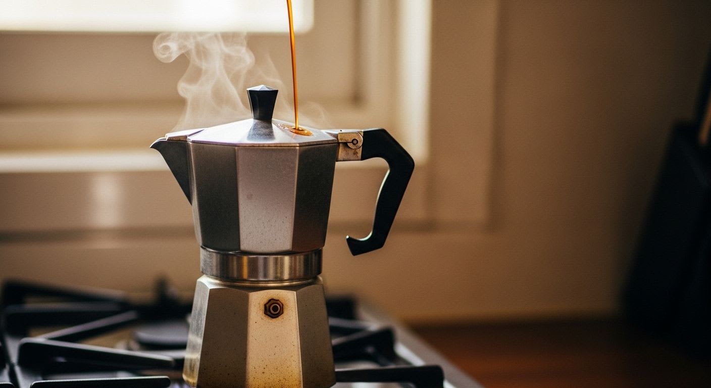 Bialetti Espressokocher Anleitung für perfekten Moka: Der fertige Kaffee steigt im Kocher auf dem Gasherd nach oben.