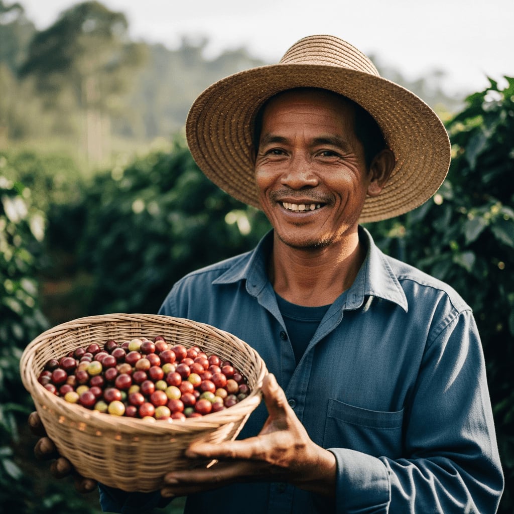Nahaufnahme eines lächelnden Fairtrade-Kaffeebauern, der einen Korb mit frisch geernteten Kaffeekirschen hält, Plantagenhintergrund, weiches Sonnenlicht