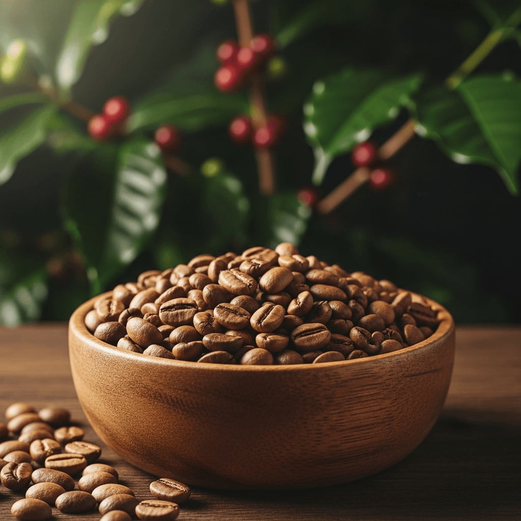 Fairtrade-Kaffeebohnen in einer rustikalen Holzschale, Kaffeepflanzen im Hintergrund, natürliches Licht, Fokus auf die Bohnen
