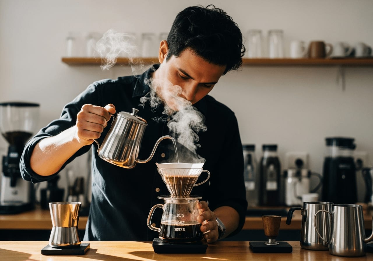 Ein Barista gießt vorsichtig heißes Wasser über frisch gemahlenen Bio-Kaffee in einem Pour-Over-System, Dampf steigt aus dem Kaffee auf, konzentrierter Ausdruck, saubere und minimalistische Kaffeebar-Umgebung, warme Beleuchtung