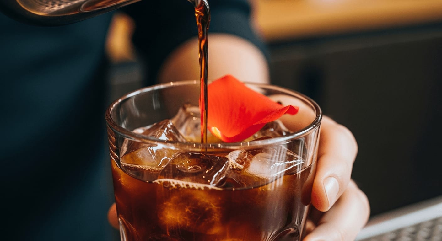 Nahaufnahme eines Baristas, der vorsichtig Cold Brew Kaffee über Eiswürfel in ein klares Glas gießt, mit einem zarten Rosenblatt, das obenauf schwimmt, weicher Hintergrund mit verschwommenem Café-Ambiente.