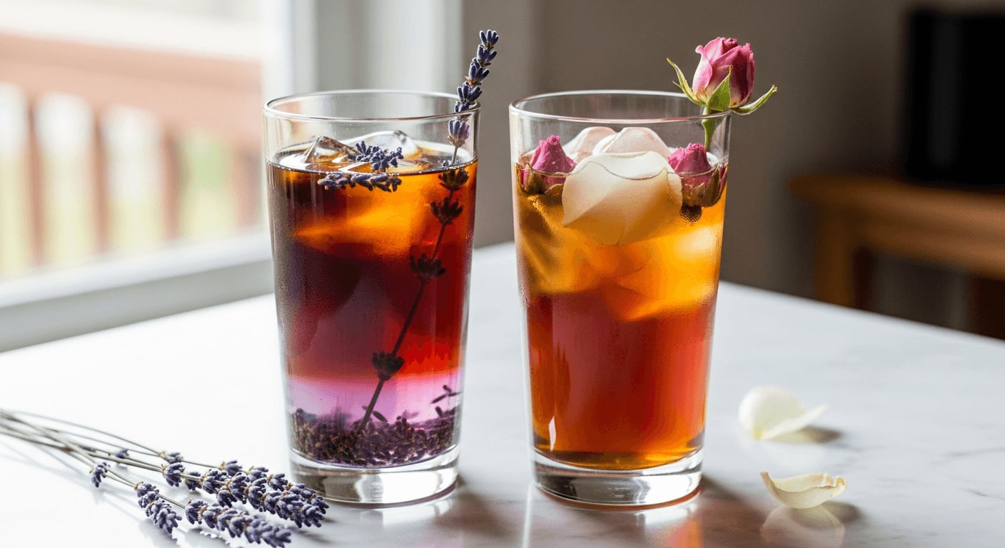 Elegante Anordnung von Cold Brew Kaffee Gläsern, eines mit Lavendel und das andere mit Rosenblättern, auf einer Marmorarbeitsplatte, weiches Licht, Frühlingsgefühl