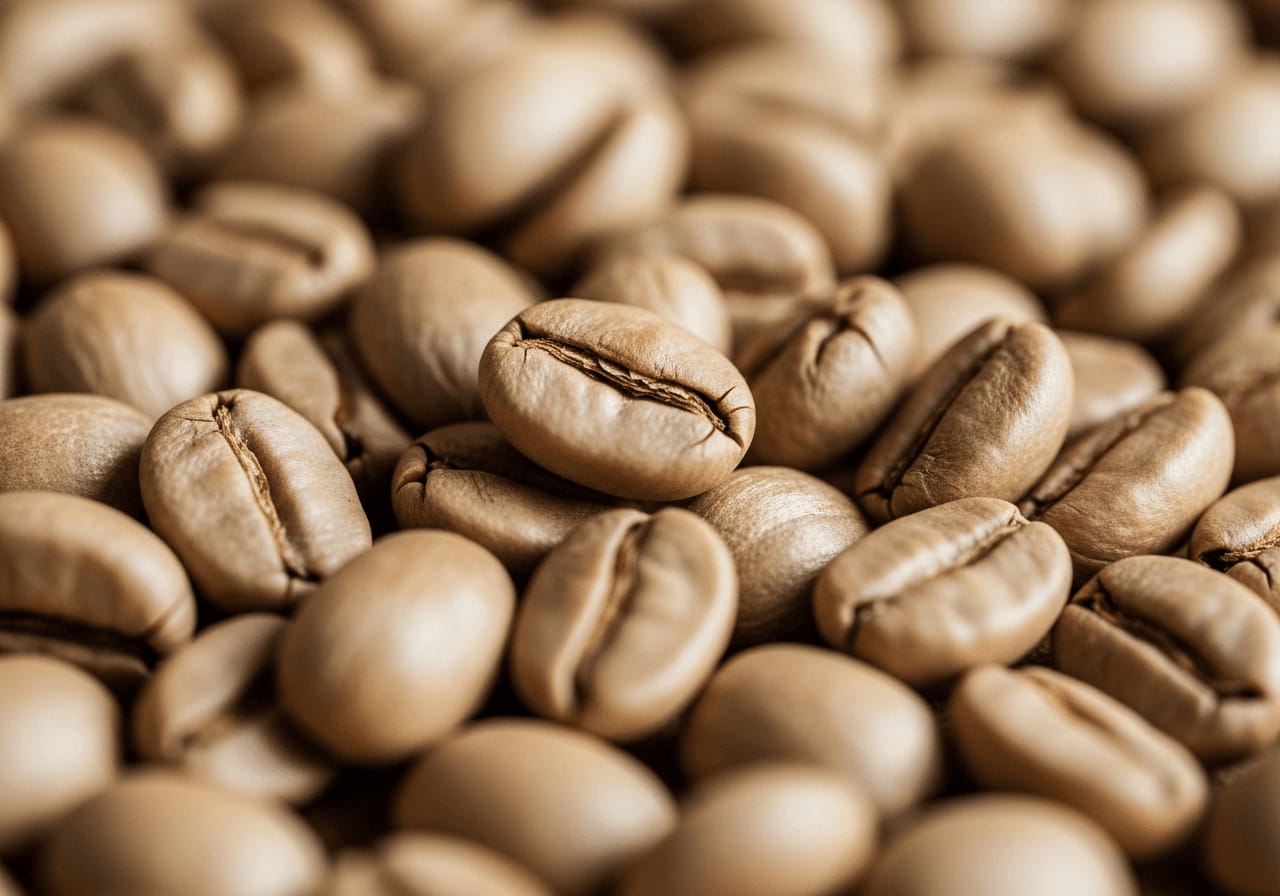 Nahaufnahme von hell gerösteten Kaffeebohnen, geringe Schärfentiefe, warme Farbtöne