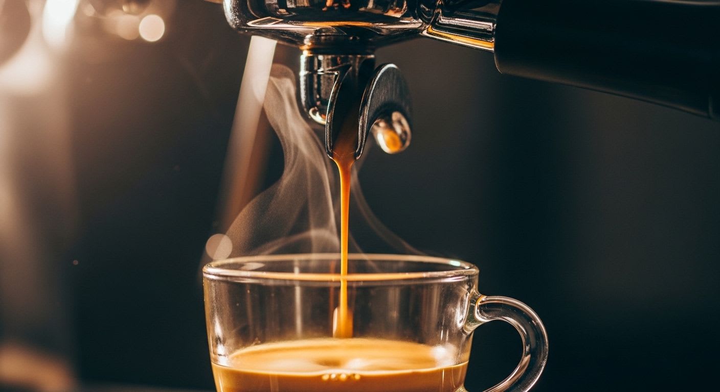 Nahaufnahme eines unterextrahierten, sauren Espressos, der zu schnell fließt und den Unterschied zu bitterem Kaffee zeigt.