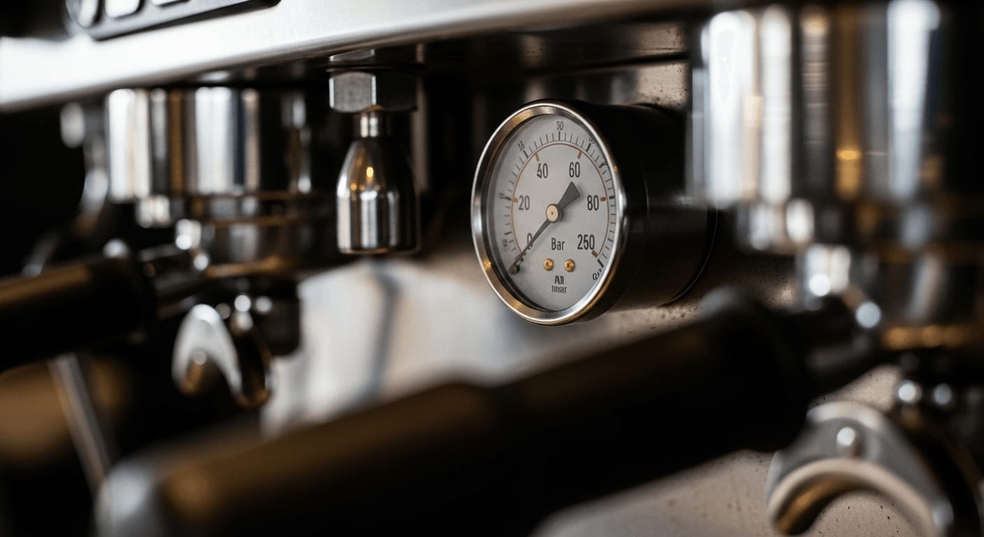 Manometer, das 9 Bar Druck auf einer Espressomaschine anzeigt, selektiver Fokus, dunkler Hintergrund.