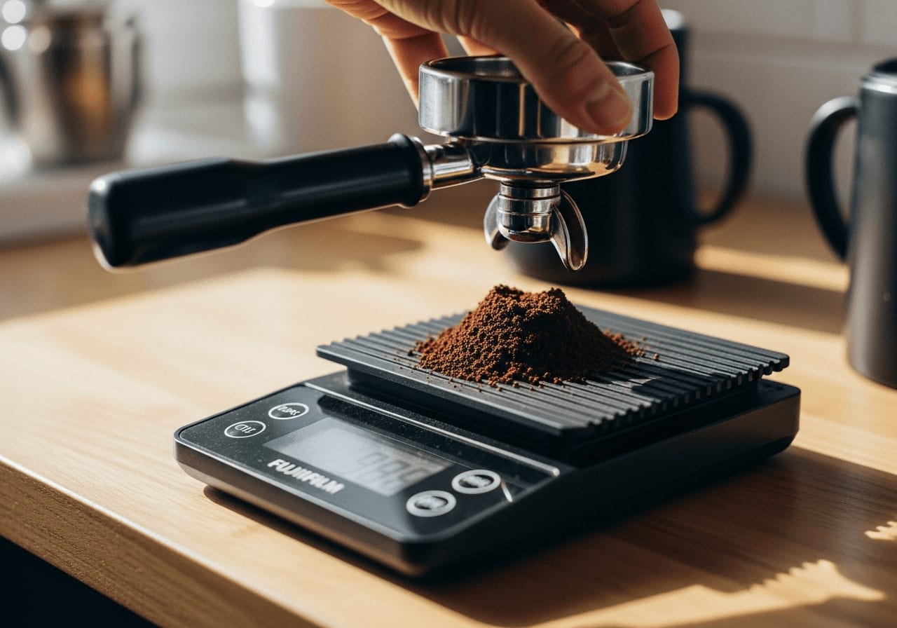 Digitale Waage, die Kaffeepulver für Espresso abmisst, natürliches Licht, 50mm Objektiv.