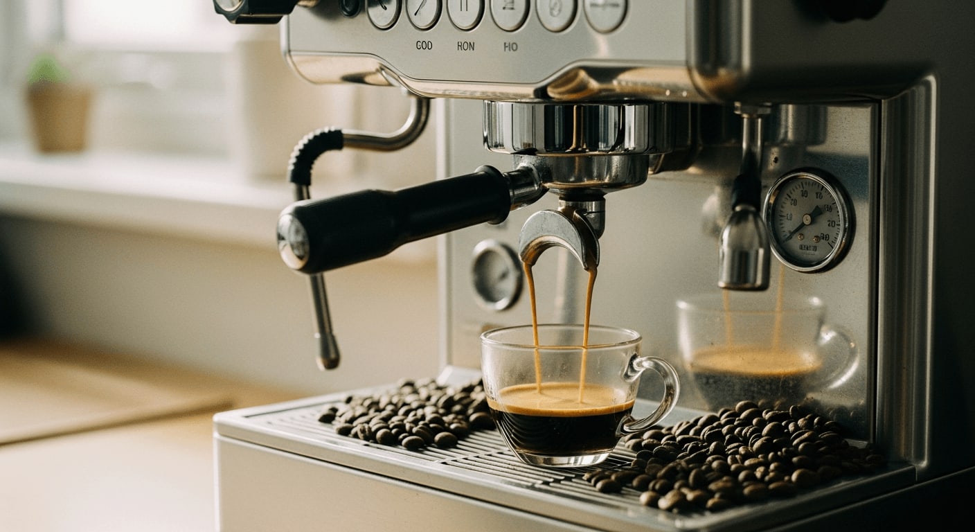 Espressomaschine mit Manometer, das optimalen Druck während der Espresso-Extraktion anzeigt, Kaffeebohnen verstreut, weiche Beleuchtung.