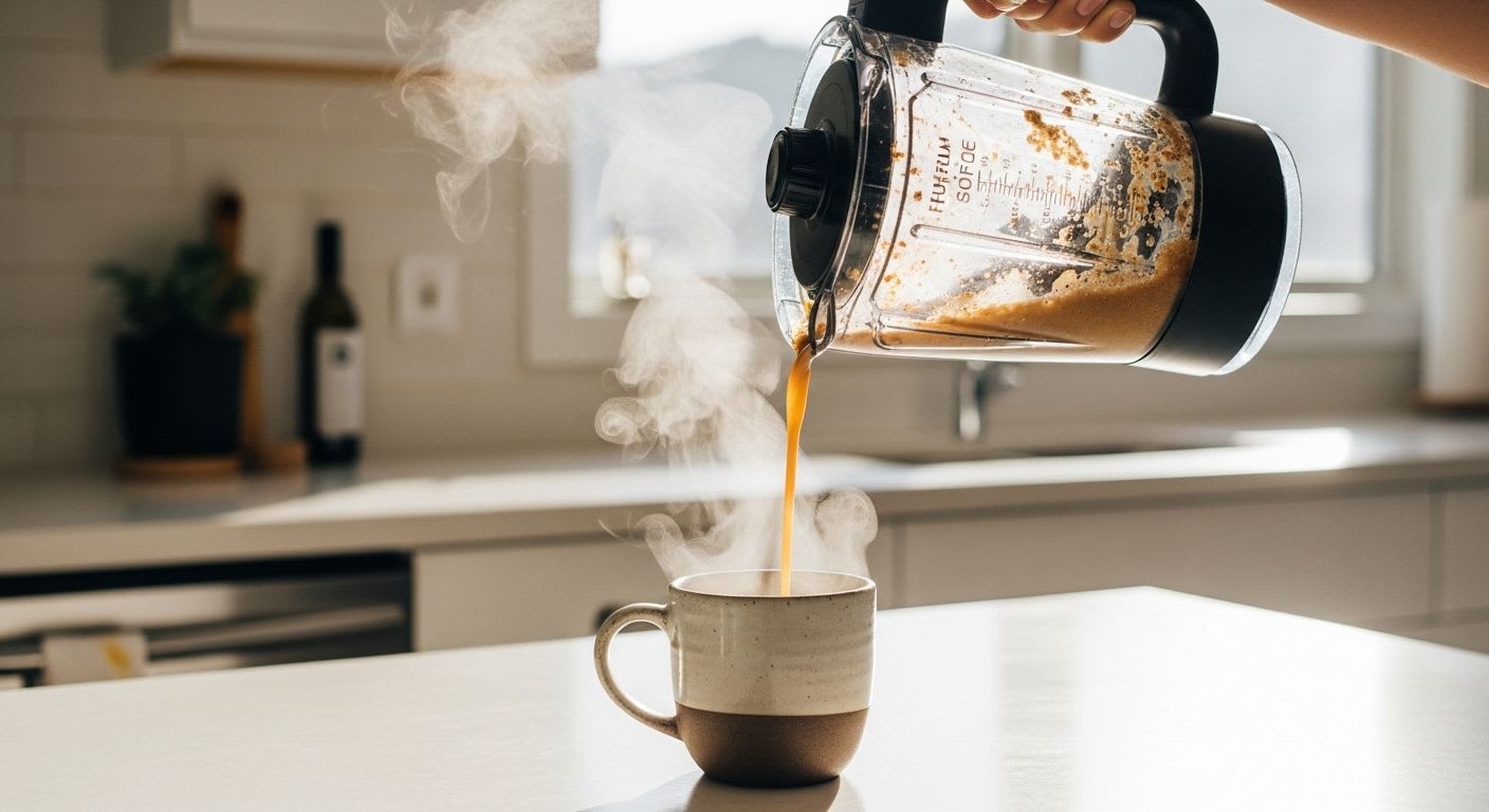 Zubereitung von Bulletproof Coffee: Cremiger Kaffee wird aus dem Mixer in eine Tasse gegossen, für langanhaltende Energie & Fokus.