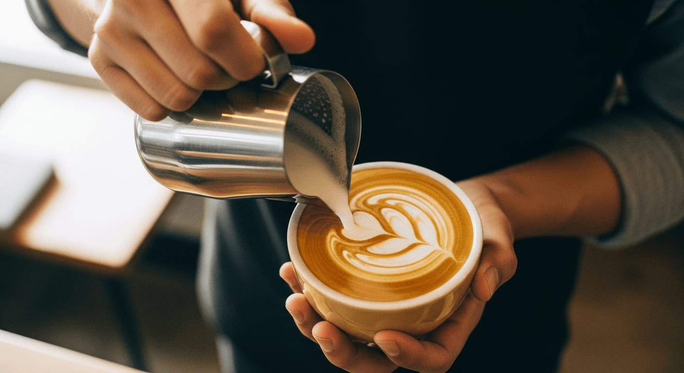 Barista gießt Milchschaum in einen Cappuccino und erzeugt ein Rosetta-Latte-Art-Design, warmes Café-Licht, geringe Schärfentiefe.