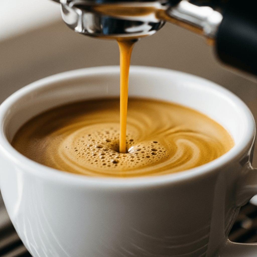 Cappuccino Schritt für Schritt 1/3: Espresso wird in eine Cappuccino-Tasse gegossen, Crema bildet sich.