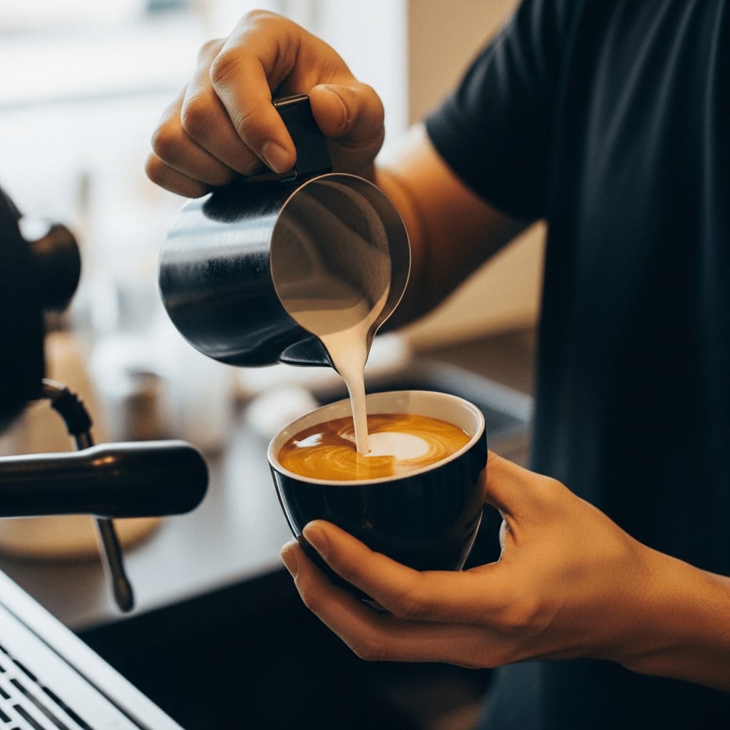 Cappuccino Schritt für Schritt 2/3: Barista gießt Milch in den Espresso und erzeugt die erste Schaumschicht.