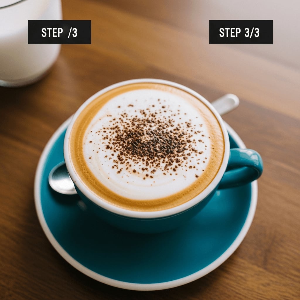 Cappuccino Schritt für Schritt 3/3: Fertiger Cappuccino mit dicker Milchschaumschicht, mit Kakaopulver bestreut.