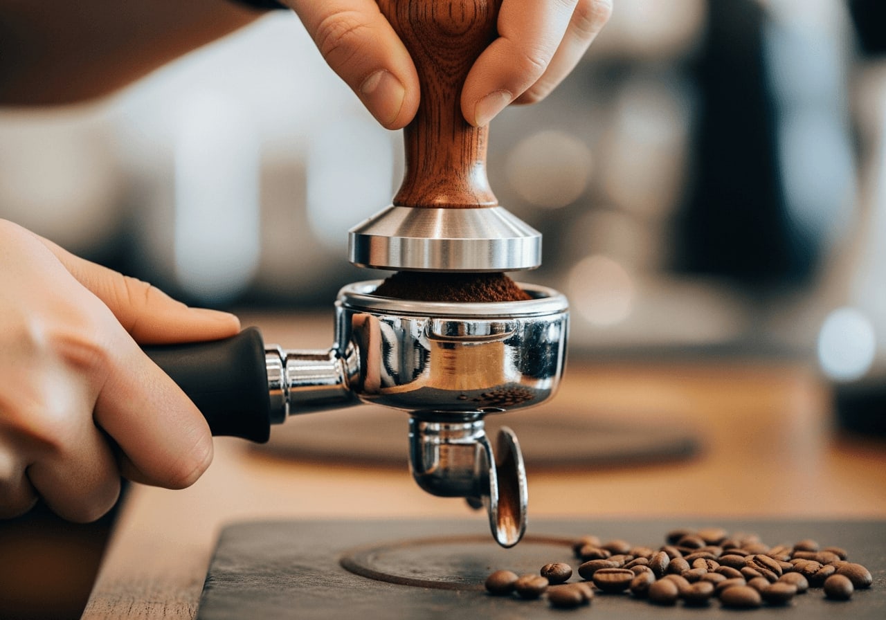 Ein Barista tampt Kaffeepulver mit einem professionellen Tamper im Siebträger, Holzgriff, Kaffeebohnen verstreut.