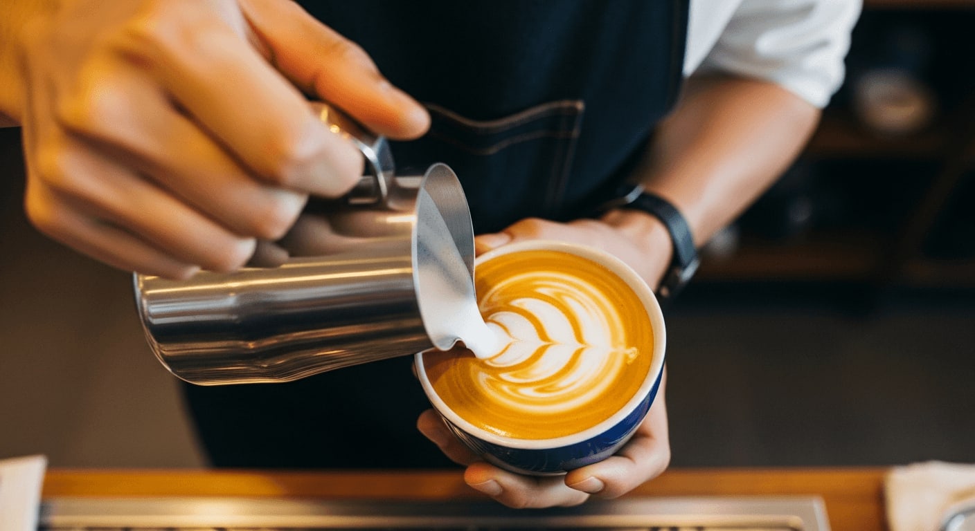 Barista gießt Milchschaum in einen Cappuccino und erzeugt ein Rosetta-Latte-Art-Design, warmes Café-Licht, geringe Schärfentiefe.