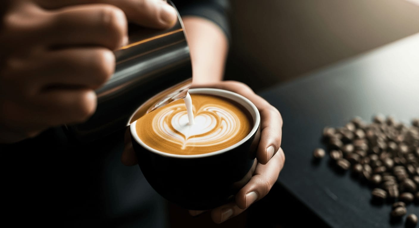 Barista gießt Milchschaum in eine Tasse Espresso und kreiert eine herzförmige Latte Art, unscharfer Hintergrund mit Kaffeebohnen