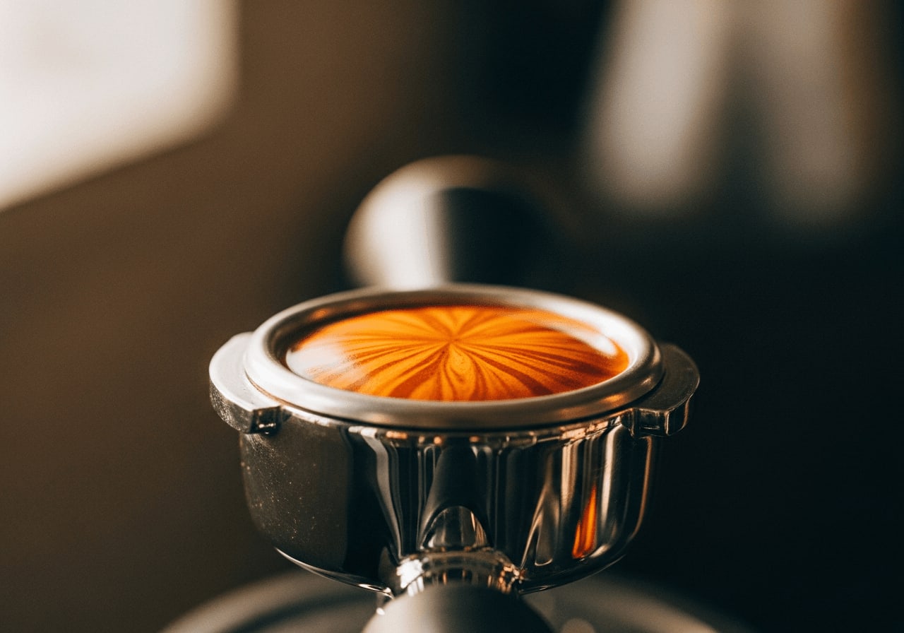 Nahaufnahme eines Siebträgers mit frisch extrahiertem Espresso, der reichhaltige Crema und dunkle Farbe zeigt