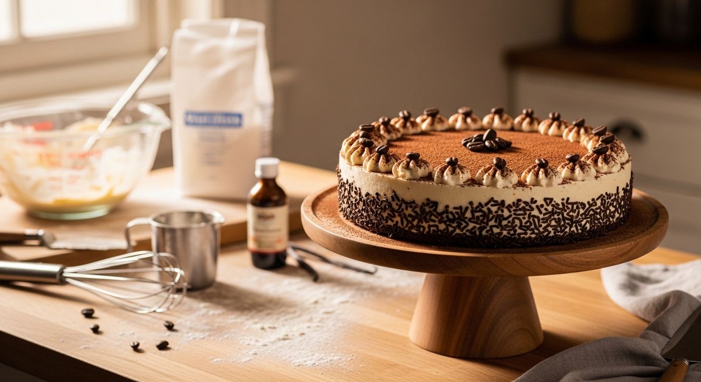 Eine ganze, perfekt zubereitete Cappuccino Torte auf einem Tortenständer, die den perfekten Genuss verspricht und zum Nachbacken einlädt.