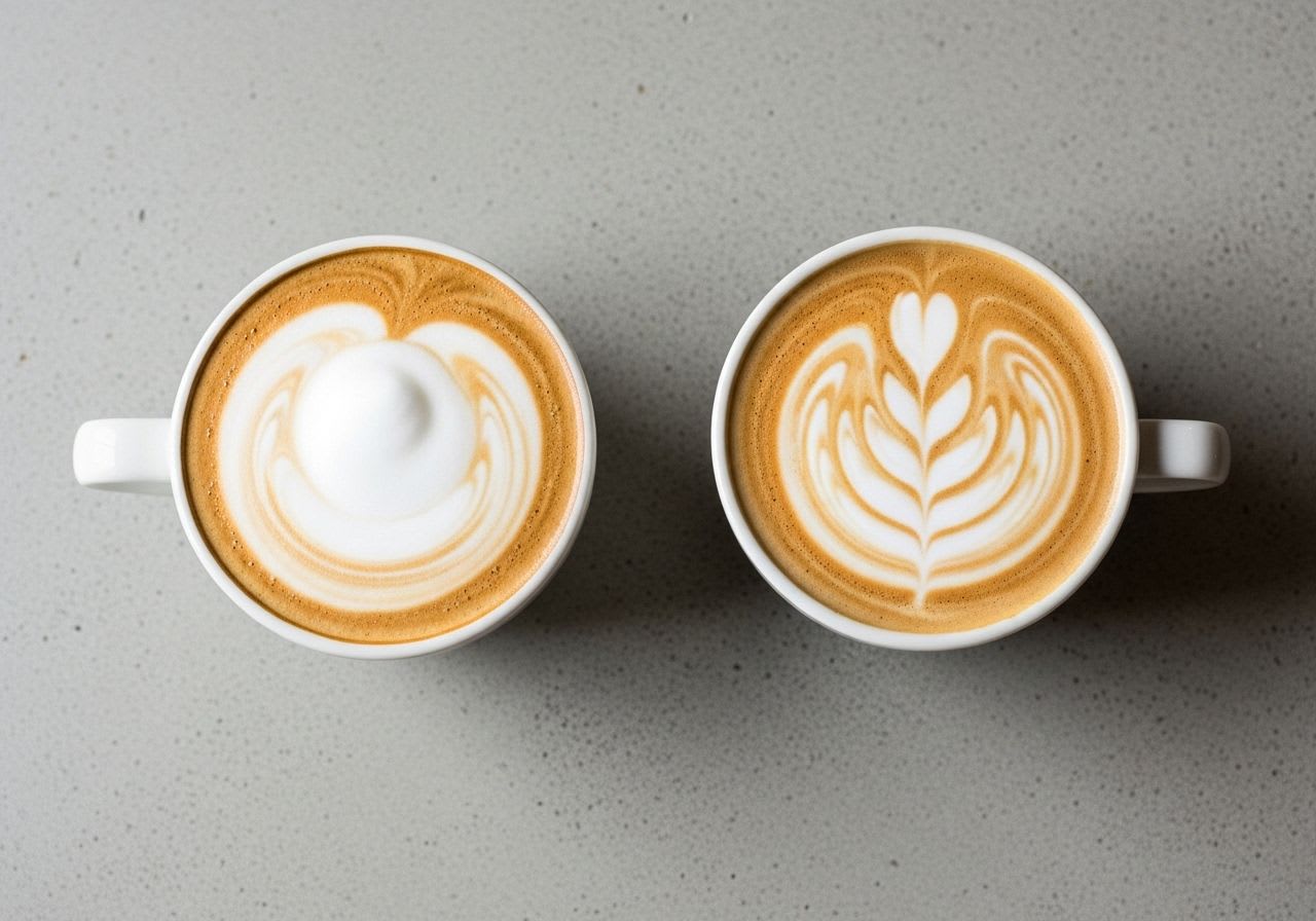 Der direkte Vergleich von Cappuccino vs. Flat White: Ein Cappuccino mit voluminösem Schaum neben einem Flat White mit cremigem Mikroschaum.