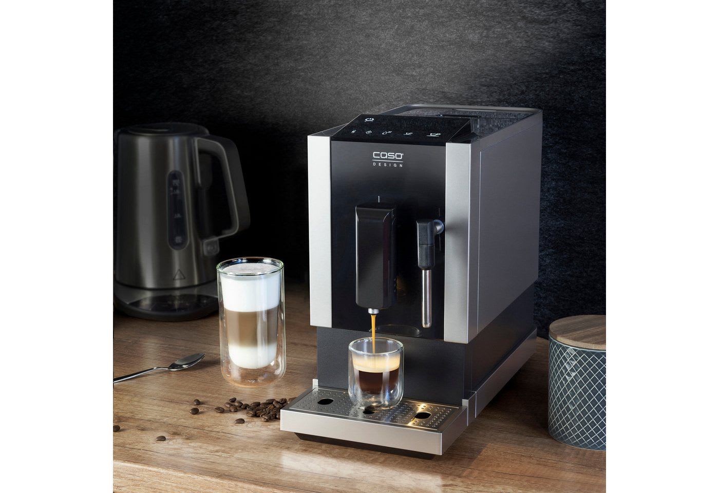 Caso Kaffeevollautomat Café Crema One, Praktische Sensor-Touch Steuerung, Edelstahl-Kegelmahlwerk schwarz|silberfarben