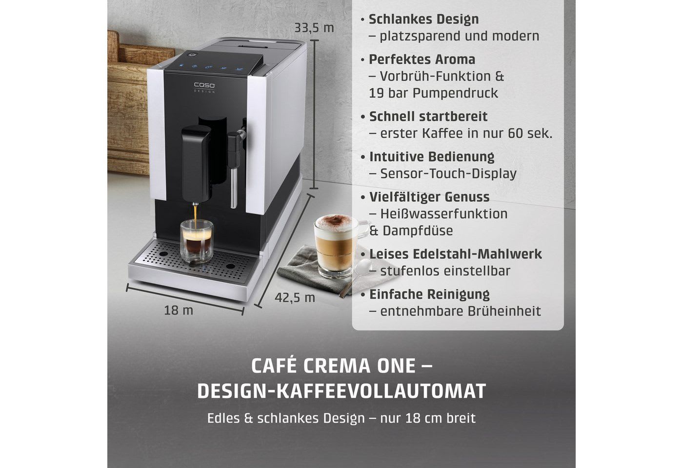 Caso Kaffeevollautomat Café Crema One, Praktische Sensor-Touch Steuerung, Edelstahl-Kegelmahlwerk schwarz|silberfarben