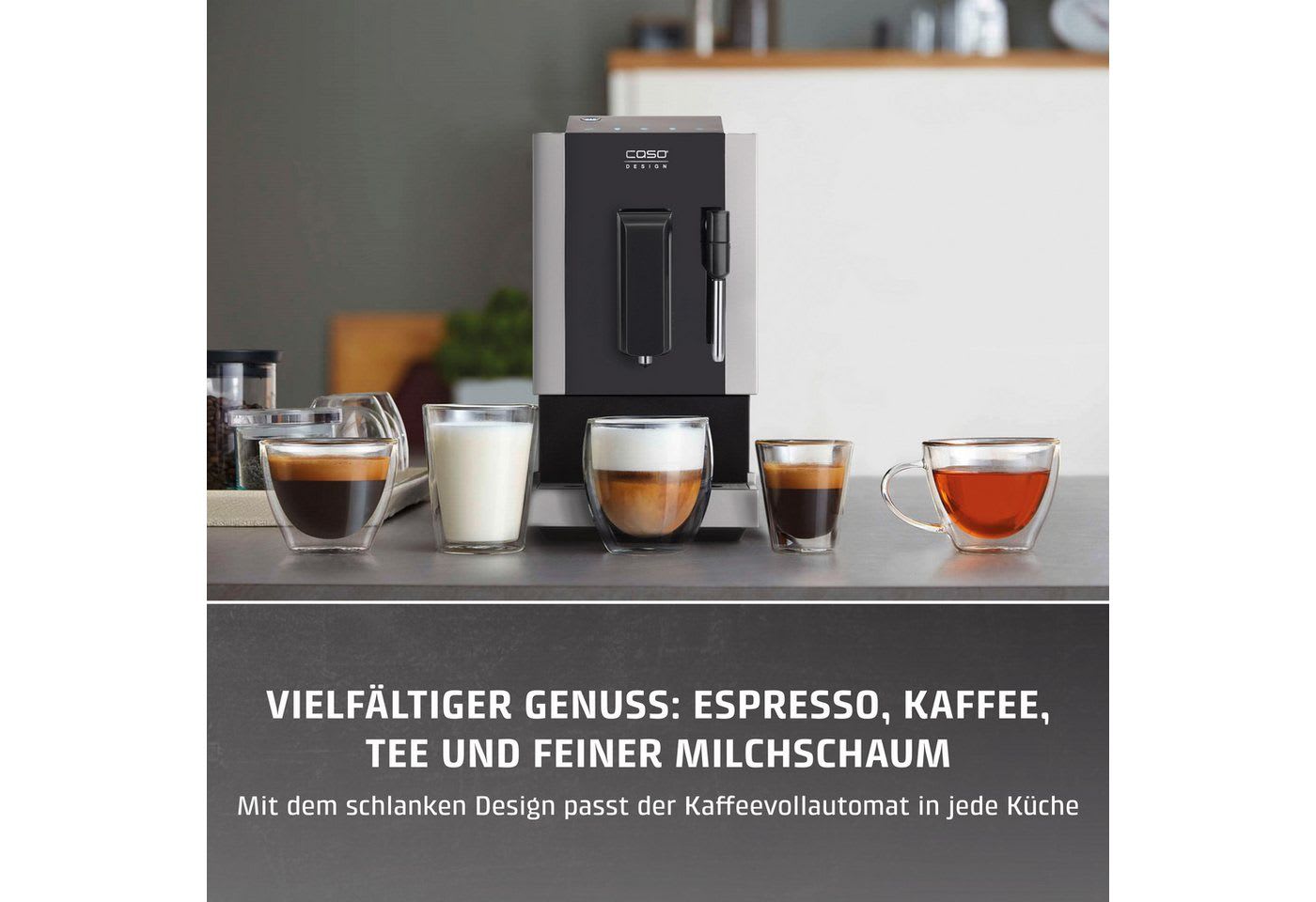 Caso Kaffeevollautomat Café Crema One, Praktische Sensor-Touch Steuerung, Edelstahl-Kegelmahlwerk schwarz|silberfarben